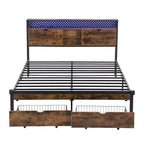 Lit plateforme moderne en métal, format king size, avec tête de lit en bois, 2 tiroirs et éclairage LED.