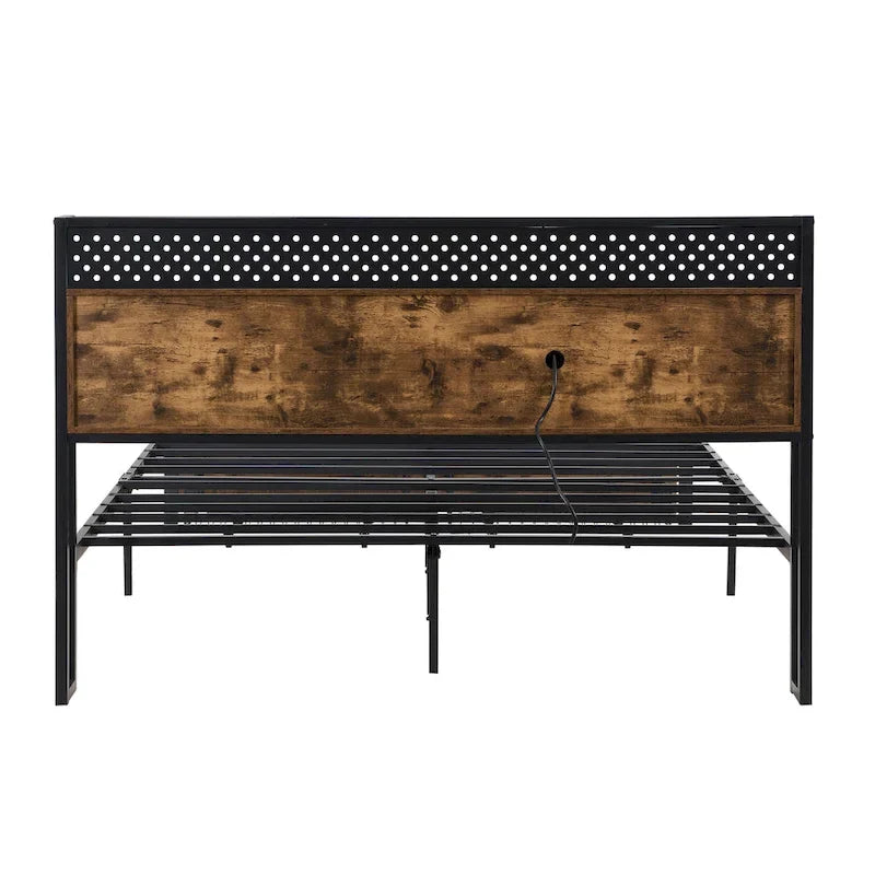 Lit plateforme moderne en métal, format king size, avec tête de lit en bois, 2 tiroirs et éclairage LED.