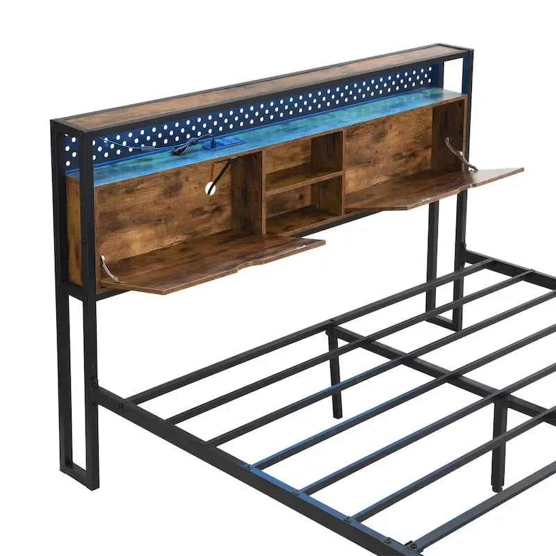Lit plateforme moderne en métal, format king size, avec tête de lit en bois, 2 tiroirs et éclairage LED.