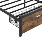 Lit plateforme moderne en métal, format king size, avec tête de lit en bois, 2 tiroirs et éclairage LED.