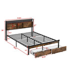 Lit plateforme moderne en métal, format king size, avec tête de lit en bois, 2 tiroirs et éclairage LED.
