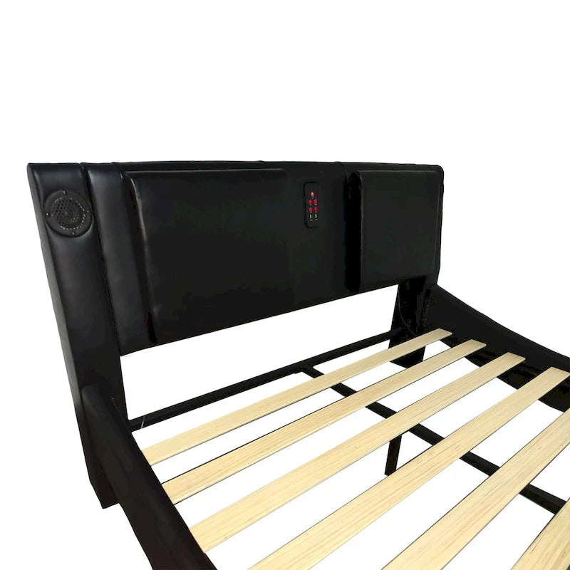 Lit plateforme rembourré en similicuir, format Queen, avec éclairage LED et sommier à lattes en bois.