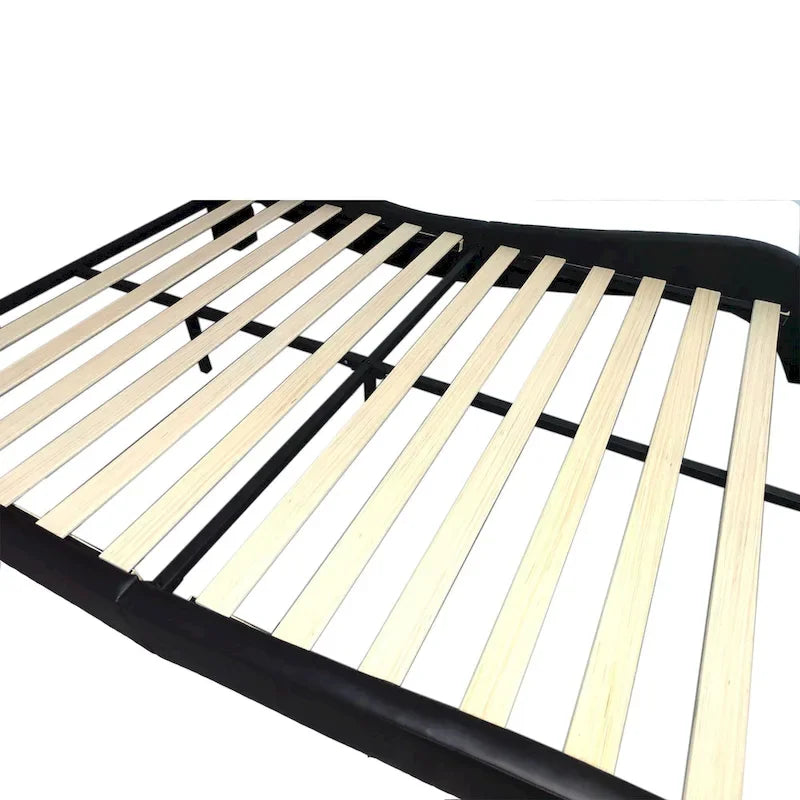 Lit plateforme rembourré en similicuir, format Queen, avec éclairage LED et sommier à lattes en bois.