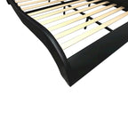 Lit plateforme rembourré en similicuir, format Queen, avec éclairage LED et sommier à lattes en bois.