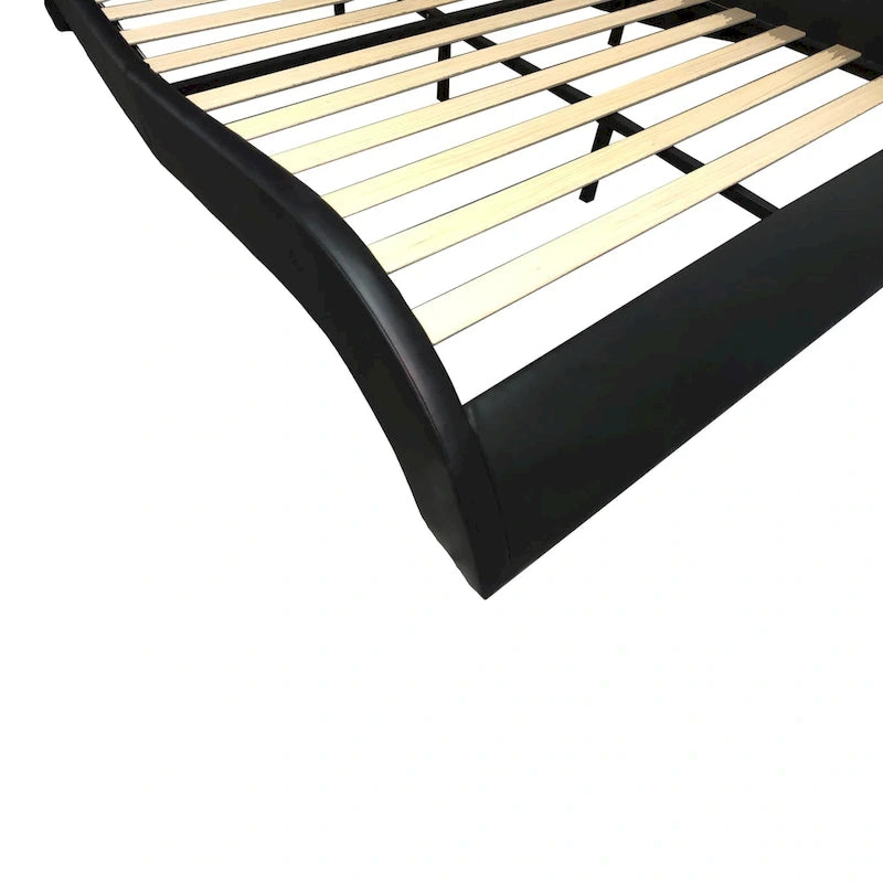 Lit plateforme rembourré en similicuir, format Queen, avec éclairage LED et sommier à lattes en bois.