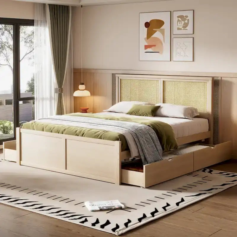 Lit plateforme en bois avec rangement, 4 tiroirs et tête de lit en rotin.