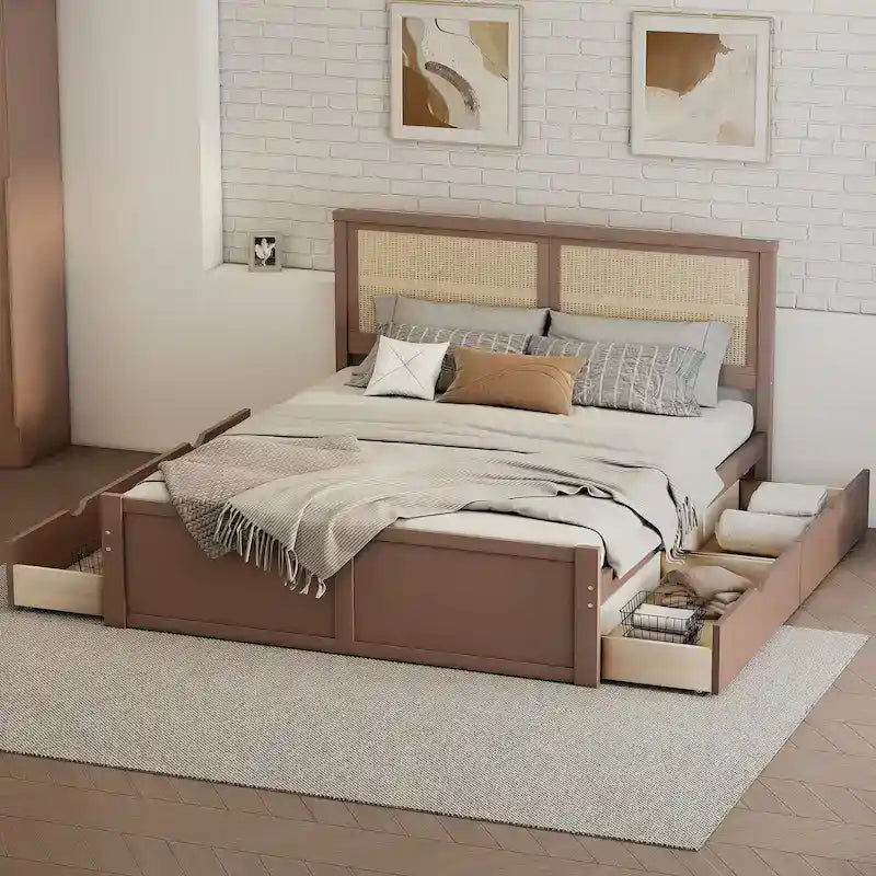 Lit plateforme en bois avec rangement, 4 tiroirs et tête de lit en rotin.