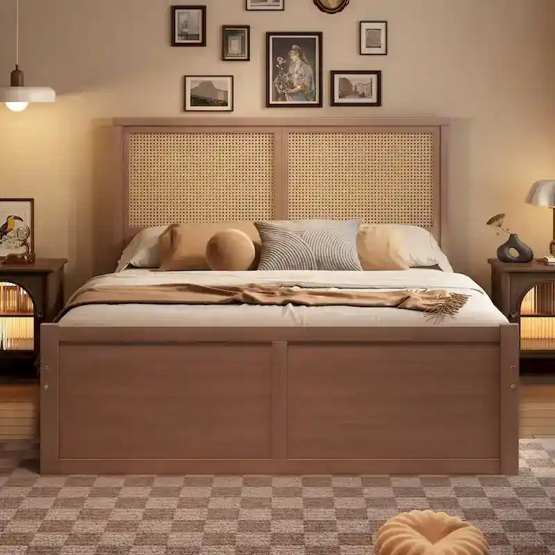 Lit plateforme en bois avec rangement, 4 tiroirs et tête de lit en rotin.
