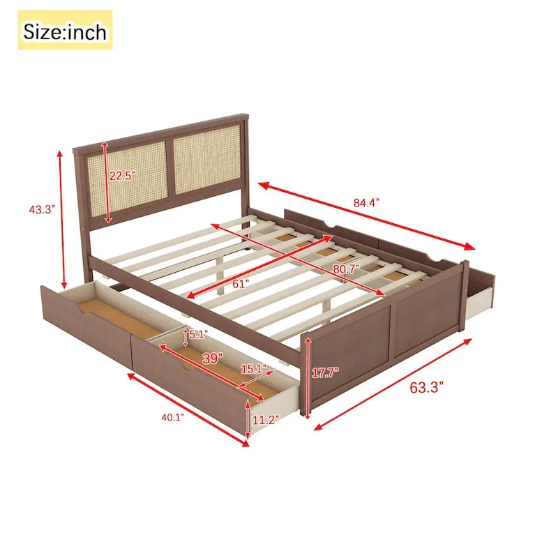 Lit plateforme en bois avec rangement, 4 tiroirs et tête de lit en rotin.
