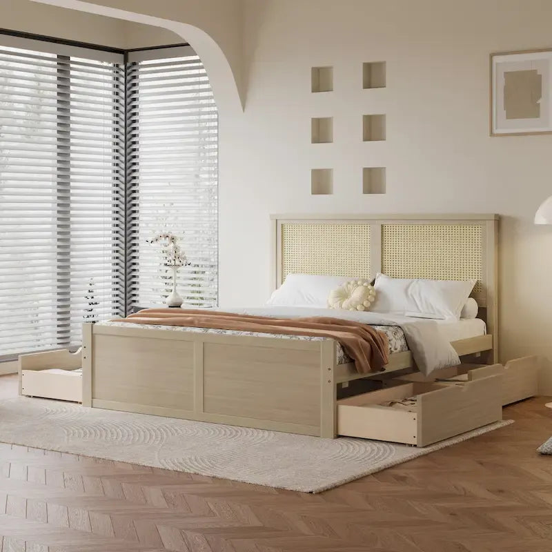 Lit plateforme en bois avec rangement, 4 tiroirs et tête de lit en rotin.