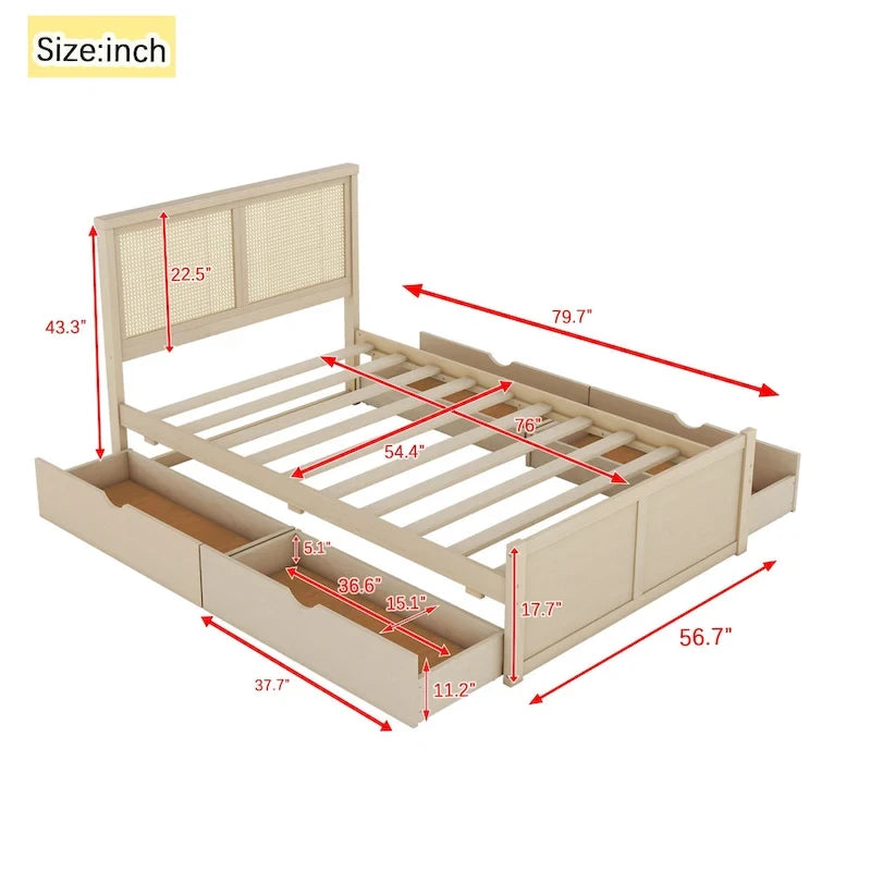 Lit plateforme en bois avec rangement, 4 tiroirs et tête de lit en rotin.