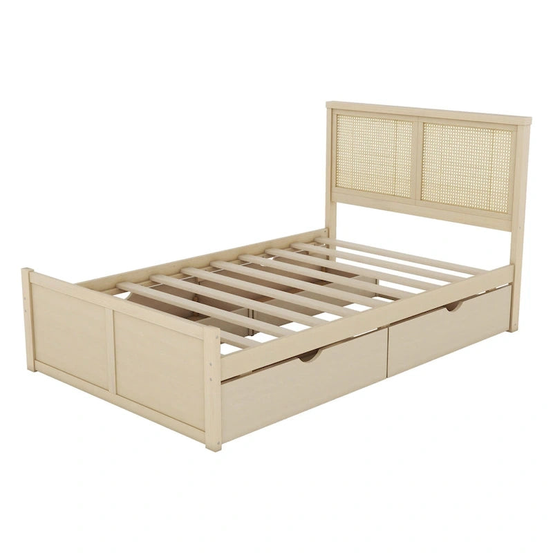 Lit plateforme en bois avec rangement, 4 tiroirs et tête de lit en rotin.