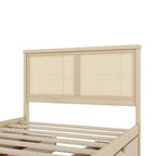 Lit plateforme en bois avec rangement, 4 tiroirs et tête de lit en rotin.
