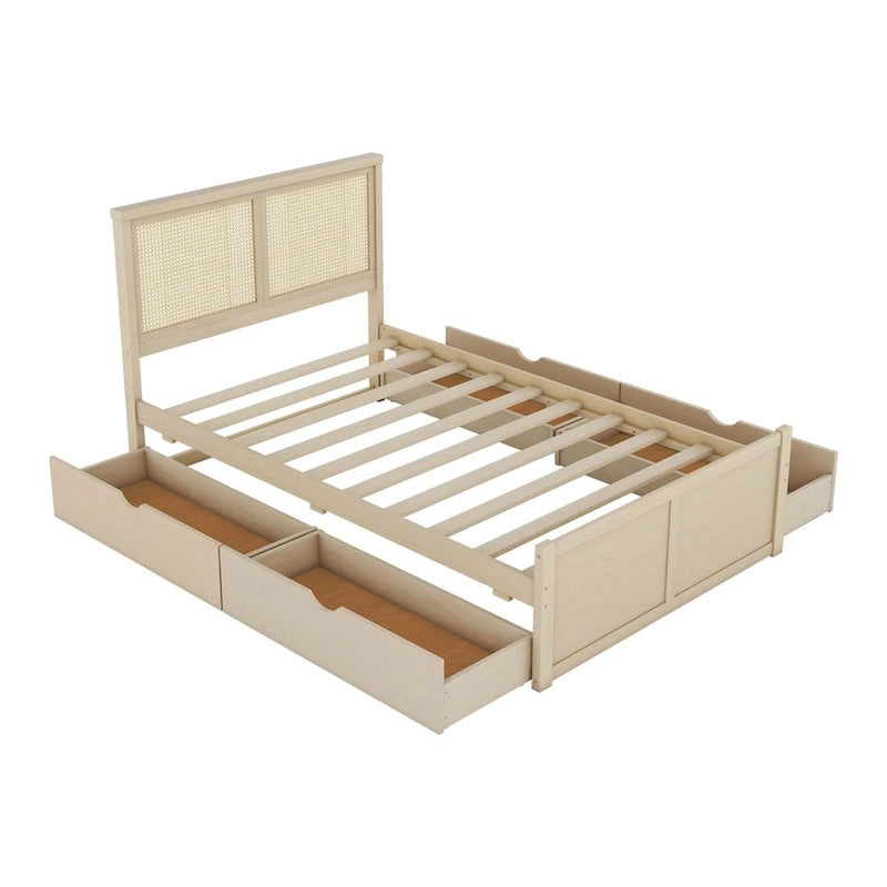 Lit plateforme en bois avec rangement, 4 tiroirs et tête de lit en rotin.
