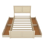 Lit plateforme en bois avec rangement, 4 tiroirs et tête de lit en rotin.