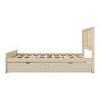 Lit plateforme en bois avec rangement, 4 tiroirs et tête de lit en rotin.