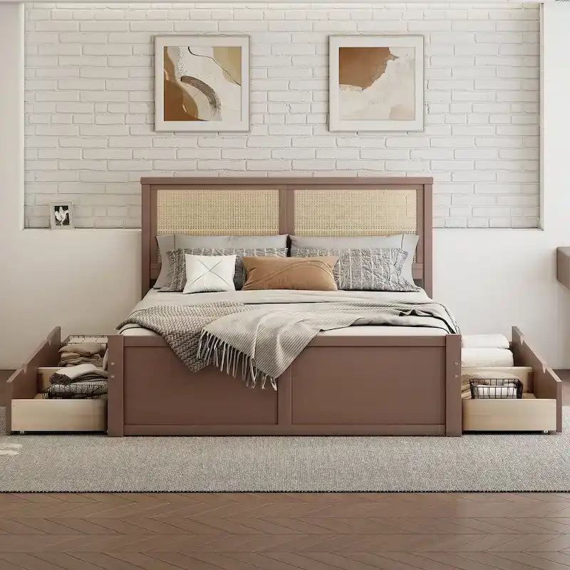 Lit plateforme en bois avec rangement, 4 tiroirs et tête de lit en rotin.