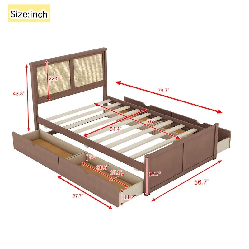 Lit plateforme en bois avec rangement, 4 tiroirs et tête de lit en rotin.