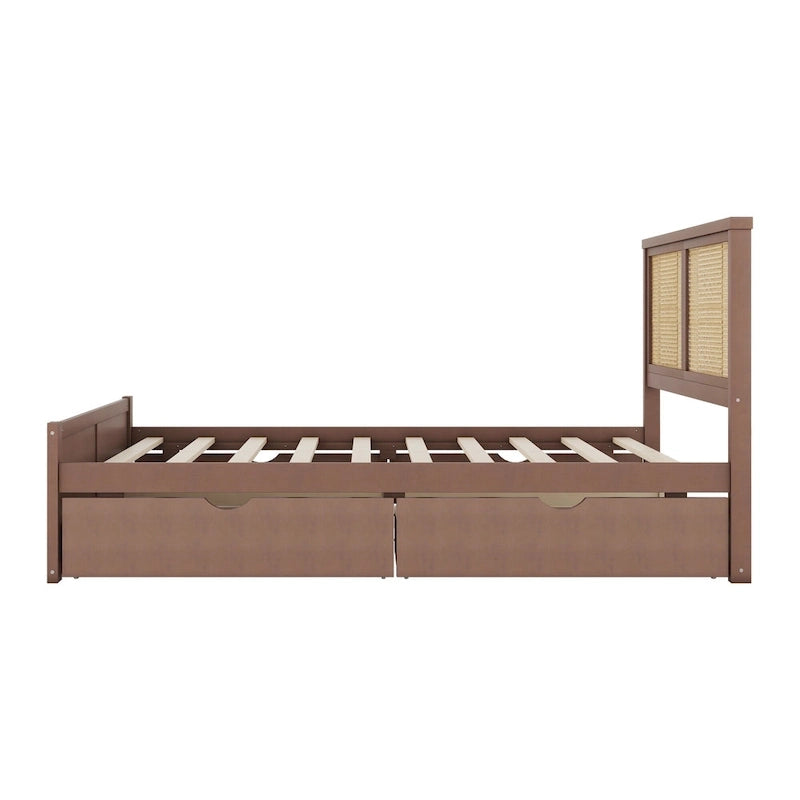 Lit plateforme en bois avec rangement, 4 tiroirs et tête de lit en rotin.