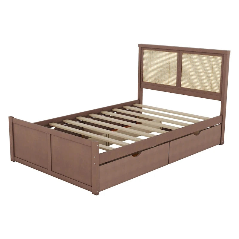 Lit plateforme en bois avec rangement, 4 tiroirs et tête de lit en rotin.