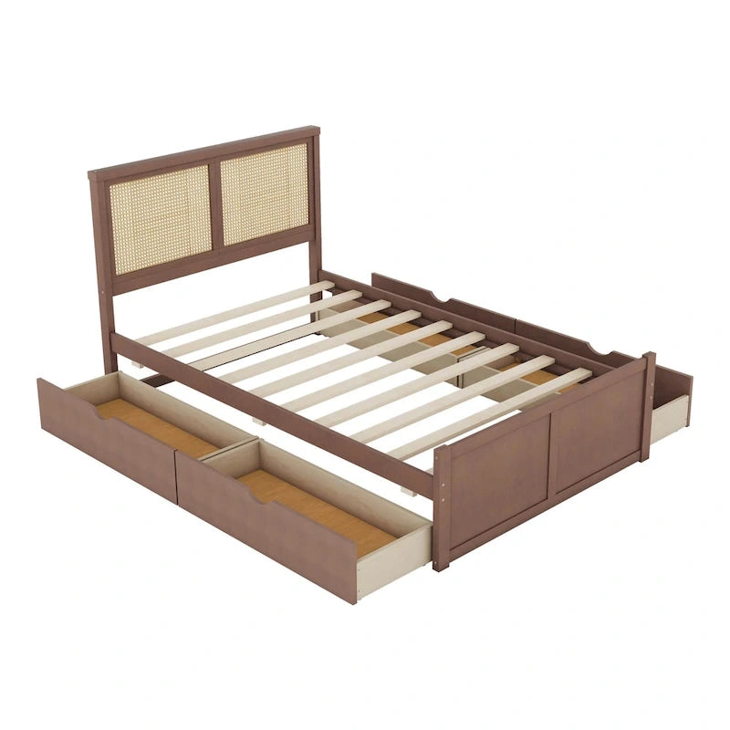 Lit plateforme en bois avec rangement, 4 tiroirs et tête de lit en rotin.