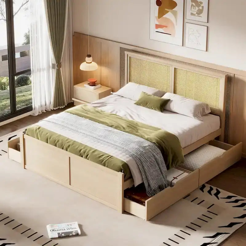 Lit plateforme en bois avec rangement, 4 tiroirs et tête de lit en rotin.