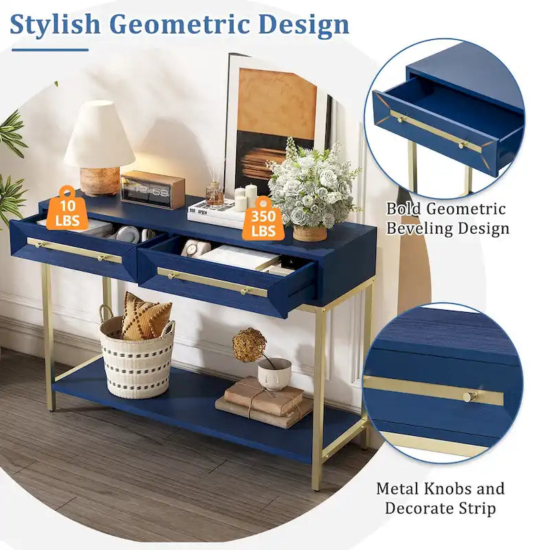 Console rétro en MDF de 45,5 cm avec détails dorés, 2 tiroirs de rangement et motif géométrique