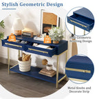 Console rétro en MDF de 45,5 cm avec détails dorés, 2 tiroirs de rangement et motif géométrique