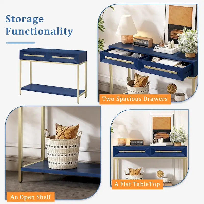 Console rétro en MDF de 45,5 cm avec détails dorés, 2 tiroirs de rangement et motif géométrique