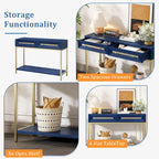 Console rétro en MDF de 45,5 cm avec détails dorés, 2 tiroirs de rangement et motif géométrique