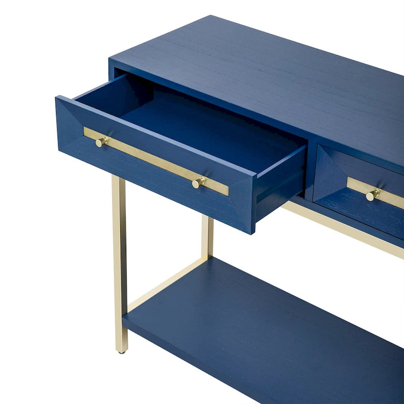 Console rétro en MDF de 45,5 cm avec détails dorés, 2 tiroirs de rangement et motif géométrique