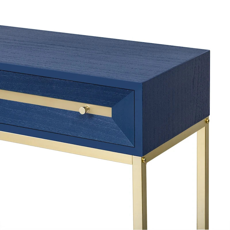 Console rétro en MDF de 45,5 cm avec détails dorés, 2 tiroirs de rangement et motif géométrique