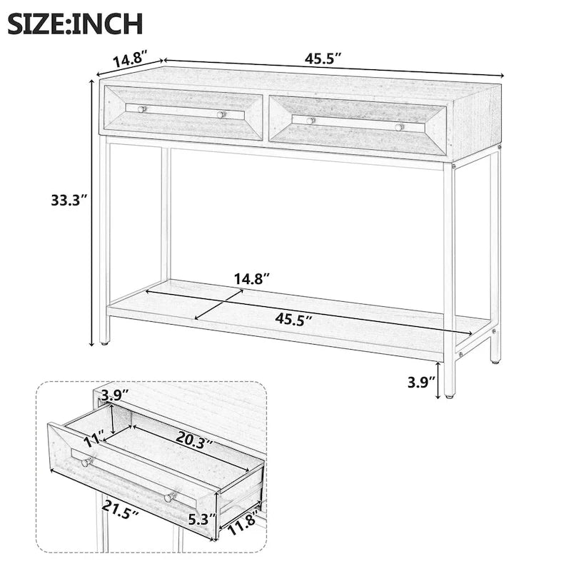 Console rétro en MDF de 45,5 cm avec détails dorés, 2 tiroirs de rangement et motif géométrique
