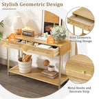 Console rétro en MDF de 45,5 cm avec détails dorés, 2 tiroirs de rangement et motif géométrique