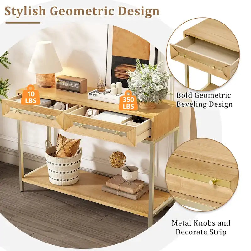 Console rétro en MDF de 45,5 cm avec détails dorés, 2 tiroirs de rangement et motif géométrique