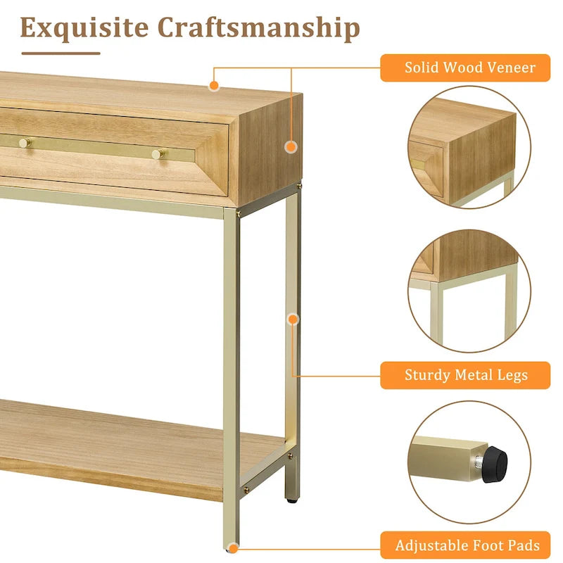 Console rétro en MDF de 45,5 cm avec détails dorés, 2 tiroirs de rangement et motif géométrique