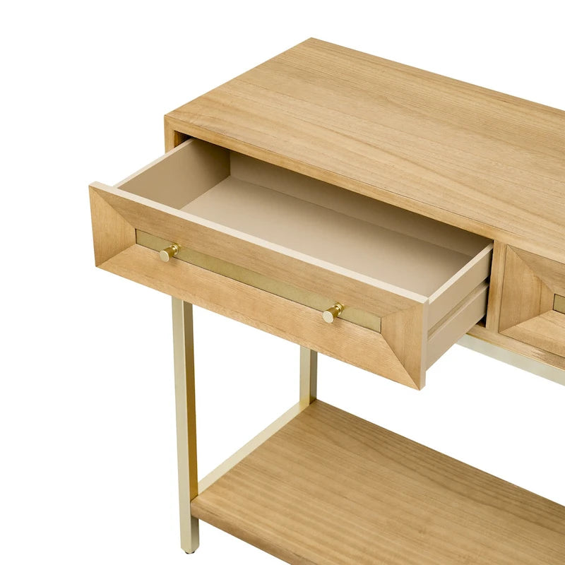 Console rétro en MDF de 45,5 cm avec détails dorés, 2 tiroirs de rangement et motif géométrique