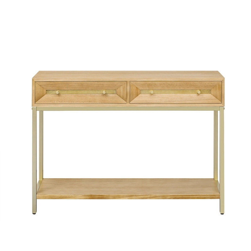 Console rétro en MDF de 45,5 cm avec détails dorés, 2 tiroirs de rangement et motif géométrique
