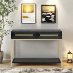 Console rétro en MDF de 45,5 cm avec détails dorés, 2 tiroirs de rangement et motif géométrique