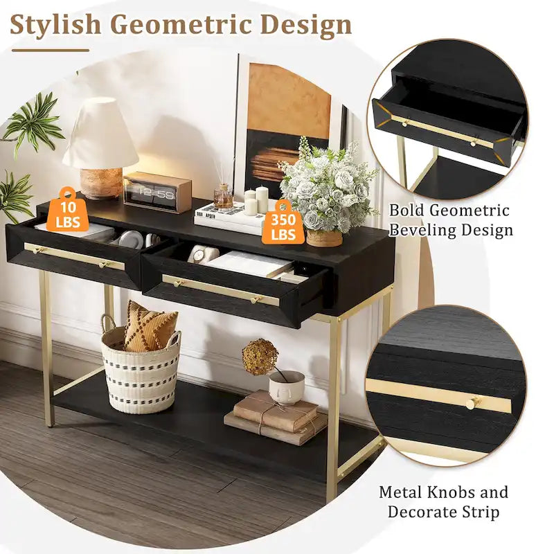 Console rétro en MDF de 45,5 cm avec détails dorés, 2 tiroirs de rangement et motif géométrique