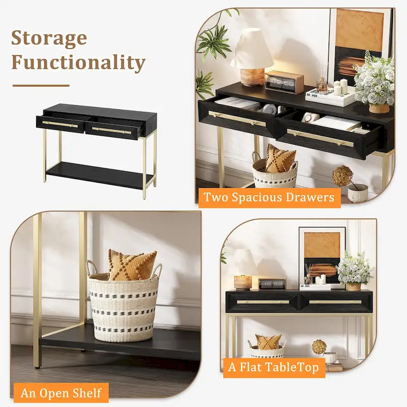Console rétro en MDF de 45,5 cm avec détails dorés, 2 tiroirs de rangement et motif géométrique