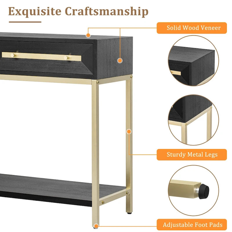 Console rétro en MDF de 45,5 cm avec détails dorés, 2 tiroirs de rangement et motif géométrique