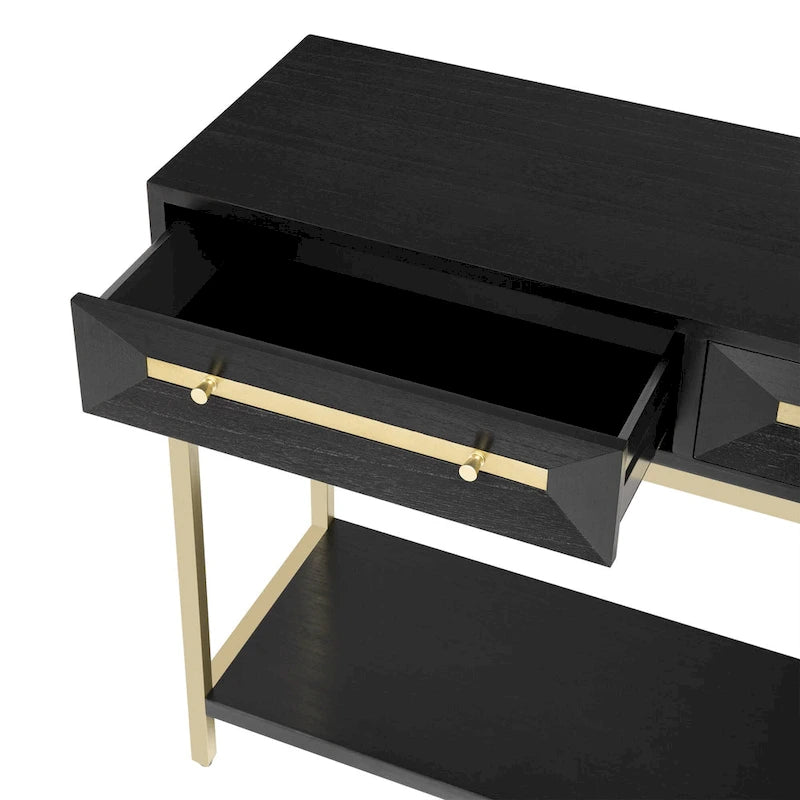 Console rétro en MDF de 45,5 cm avec détails dorés, 2 tiroirs de rangement et motif géométrique