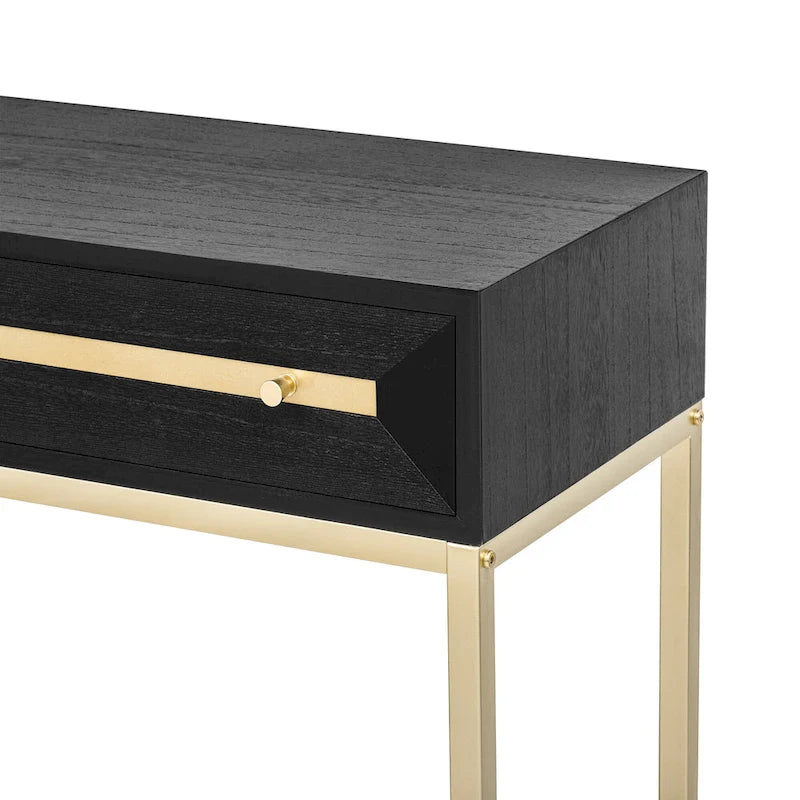 Console rétro en MDF de 45,5 cm avec détails dorés, 2 tiroirs de rangement et motif géométrique