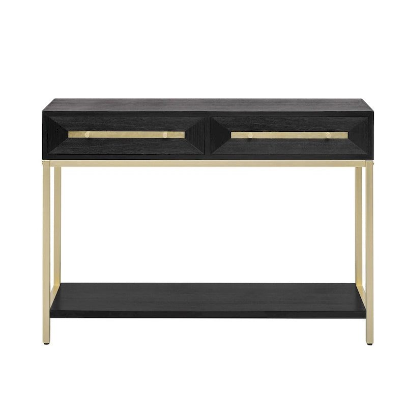 Console rétro en MDF de 45,5 cm avec détails dorés, 2 tiroirs de rangement et motif géométrique