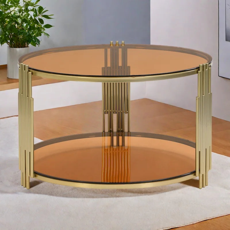 Table basse en verre trempé de 31,5 pouces avec design asymétrique en métal et étagère inférieure