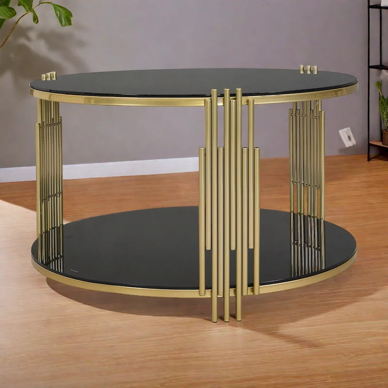 Table basse en verre trempé de 31,5 pouces avec design asymétrique en métal et étagère inférieure
