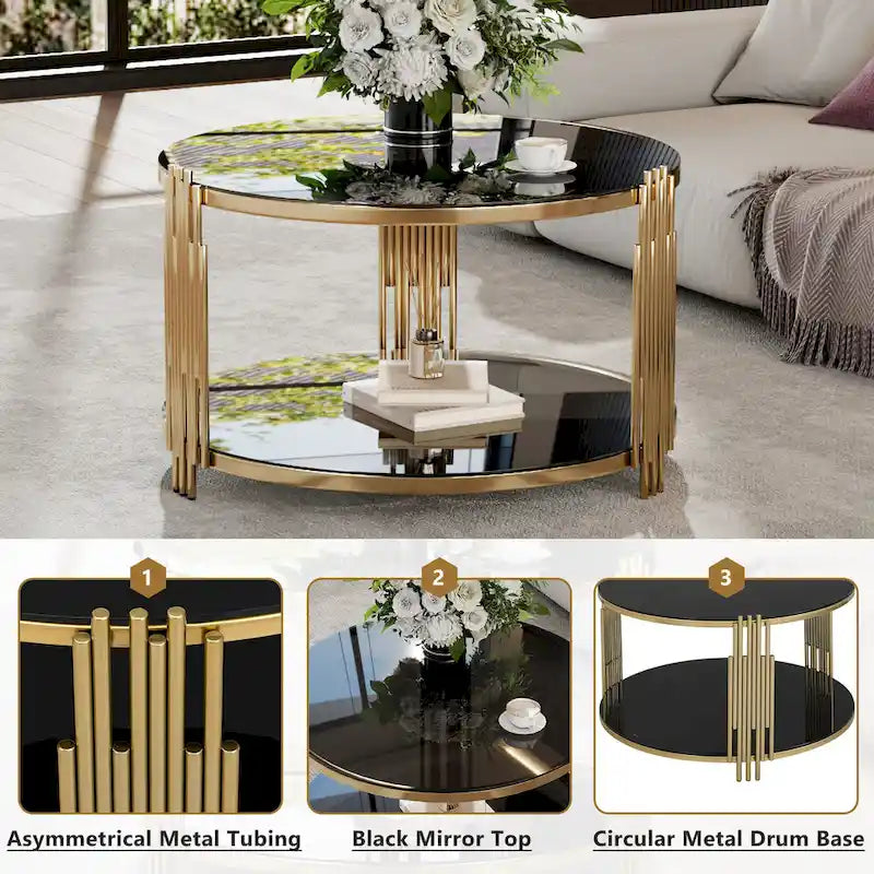 Table basse en verre trempé de 31,5 pouces avec design asymétrique en métal et étagère inférieure