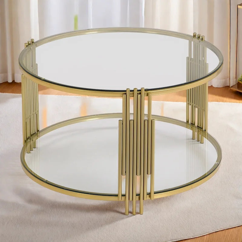 Table basse en verre trempé de 31,5 pouces avec design asymétrique en métal et étagère inférieure