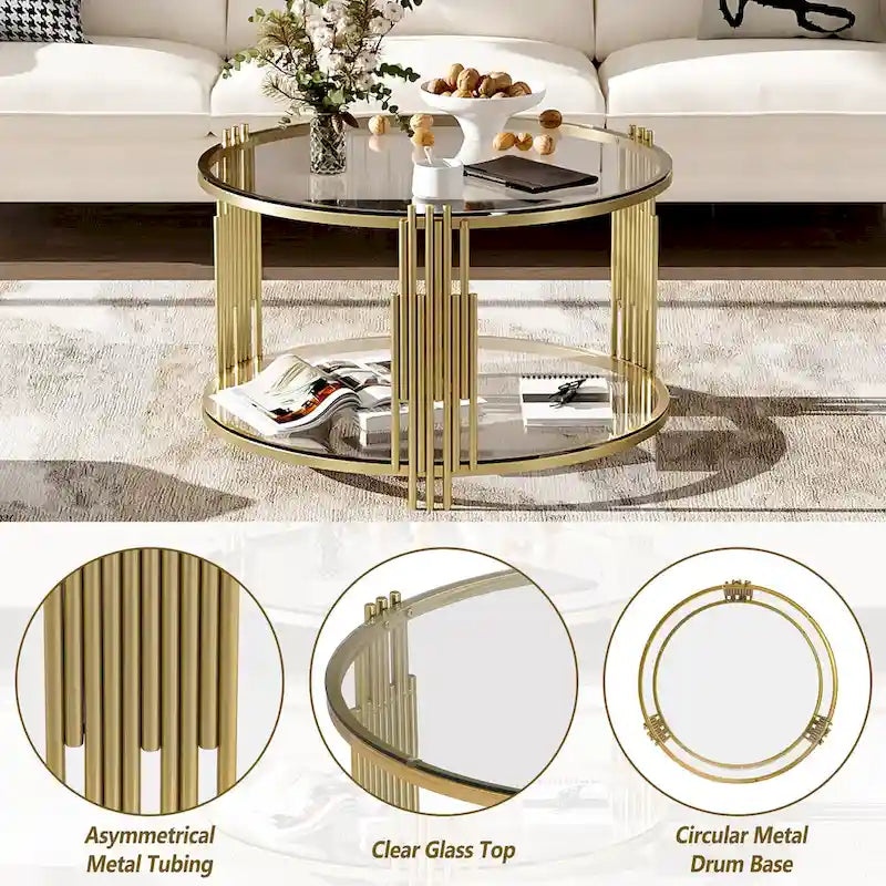 Table basse en verre trempé de 31,5 pouces avec design asymétrique en métal et étagère inférieure